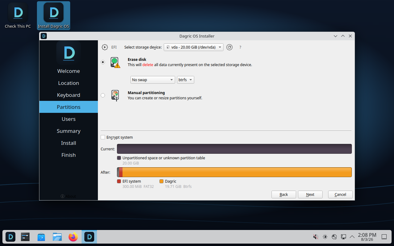 The Partitions step of the Dagric OS installer, with Erase disk selected and the resulting EFI system and Dagric partitions shown on the after bar