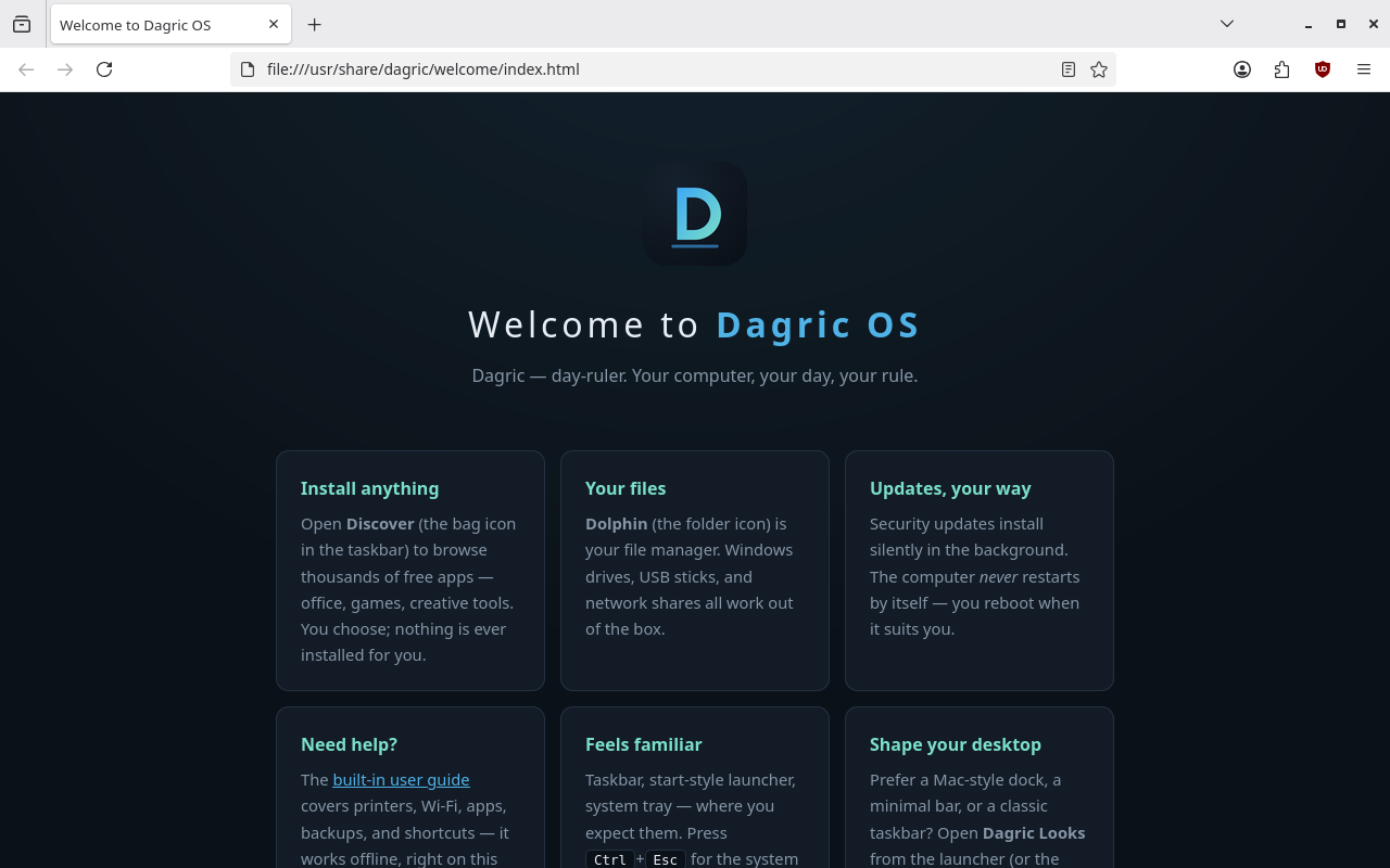 The Dagric OS welcome screen and Hub